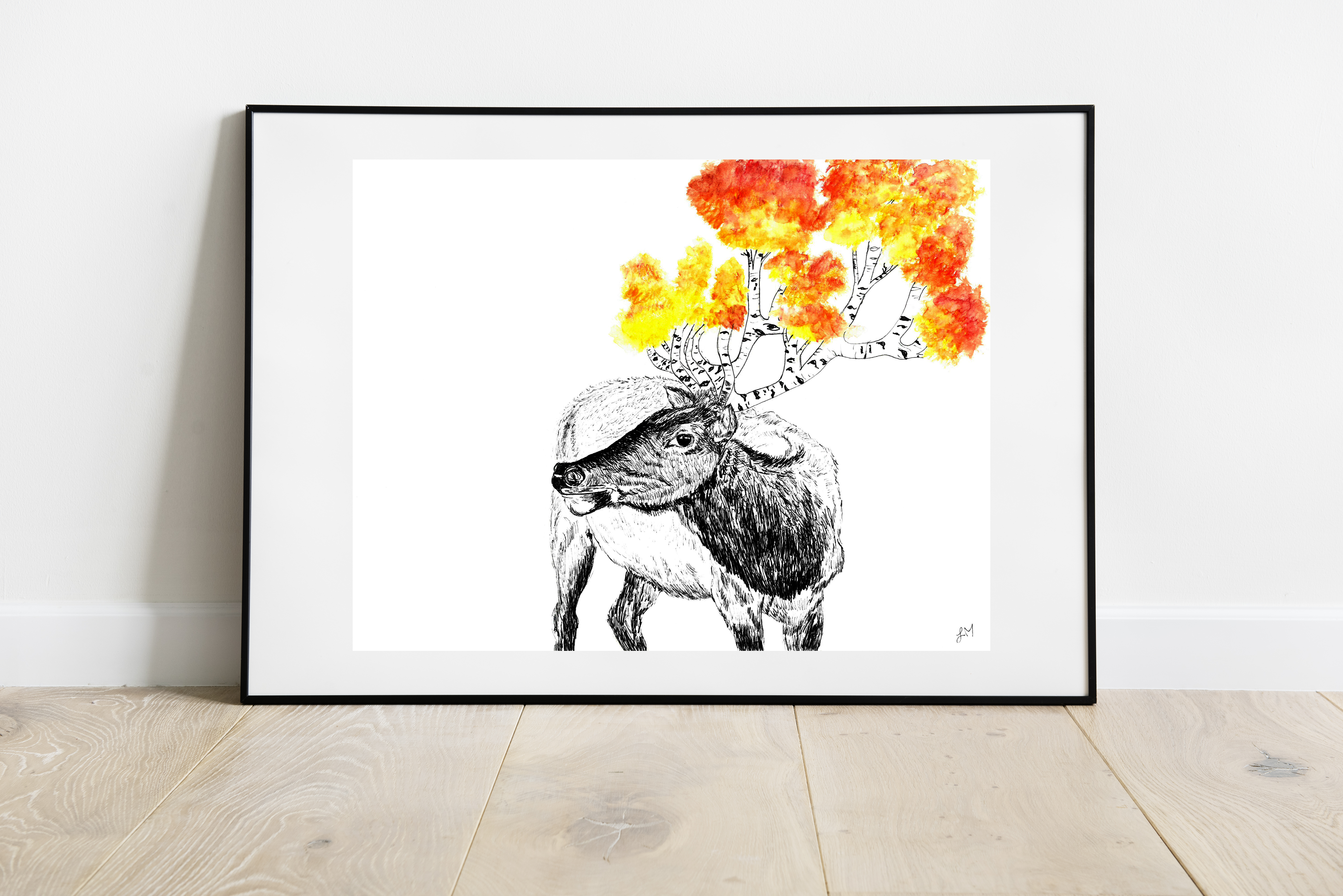 An elk drawn in black pen sports antlers made of aspen branches with bright yellow and orange leaves.