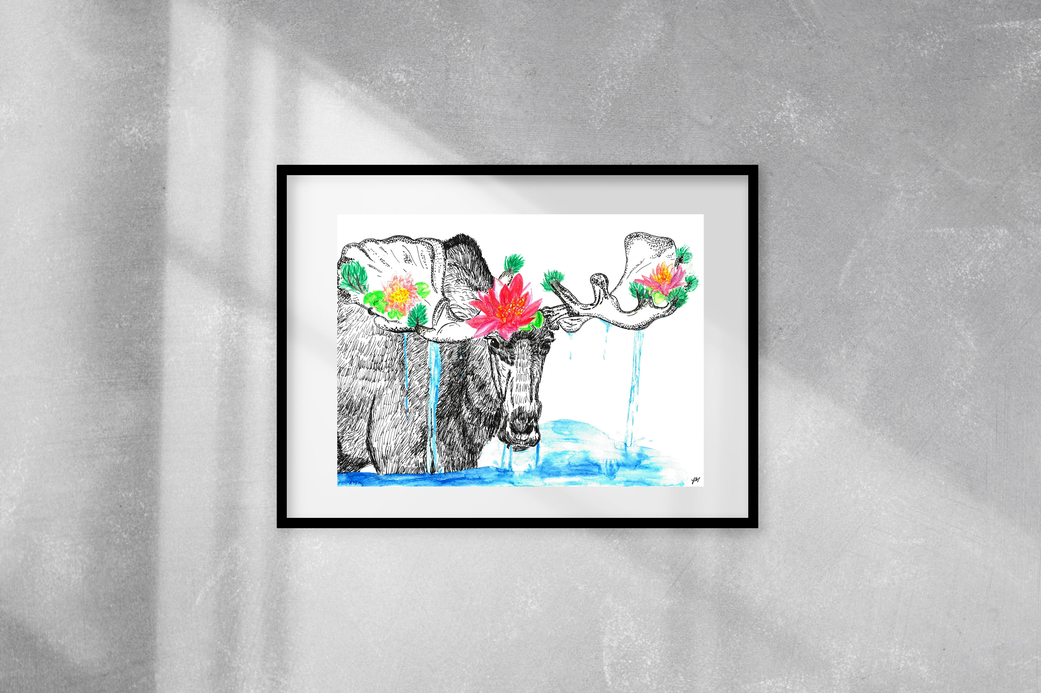 A moose drawn in black pen emerges from bright blue water and lilies fill his antlers.