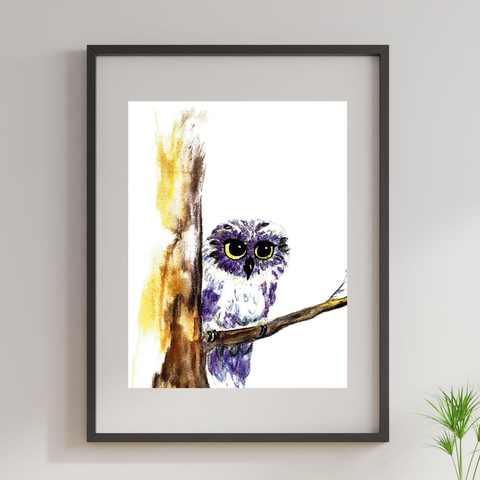 A lavender and blue colored owl with bright yellow eyes perches on a branch.