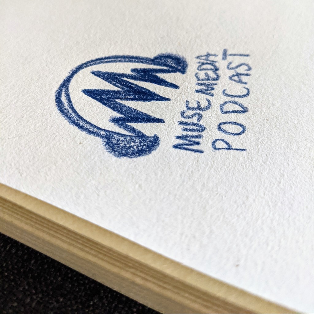 Headphones are drawn in navy blue with sound waves connecting each side. Underneath, "Muse Media Podcast" is written.