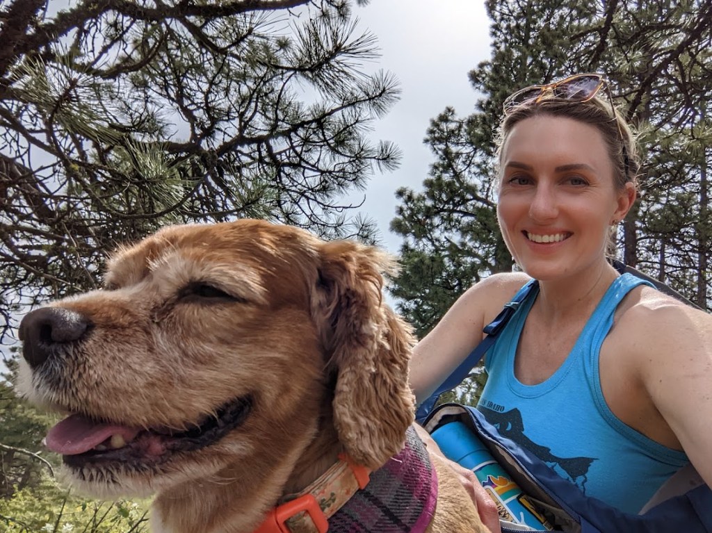 A woman in a blue shirt sits next to a red dog with an orange color in front of two pine trees. 